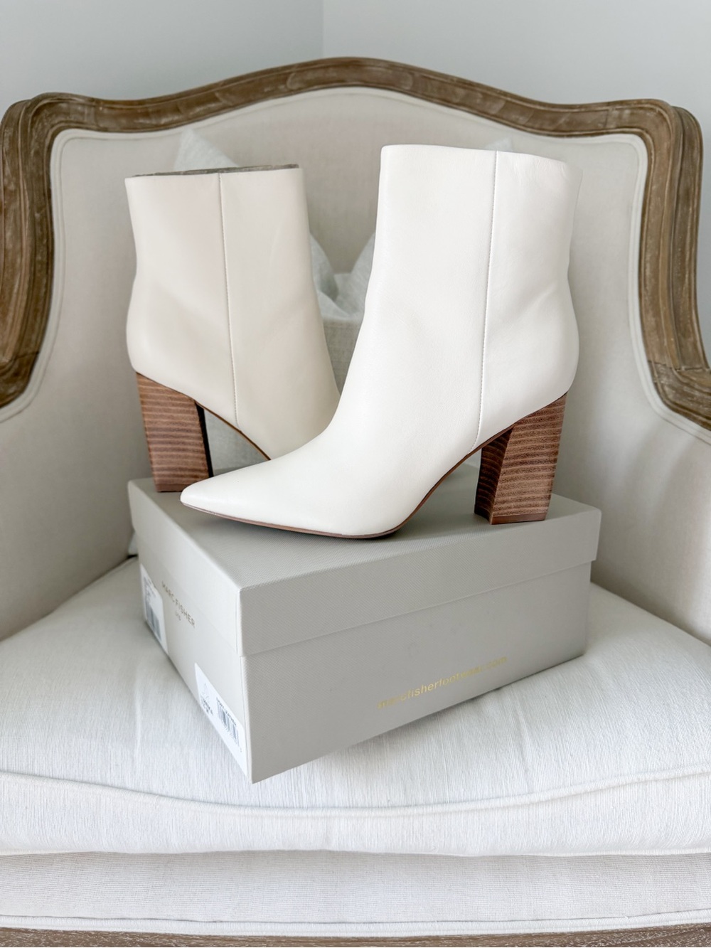 Marc Fisher Umika White Pointed Leather Ankle Boots with Stacked Wood Heel